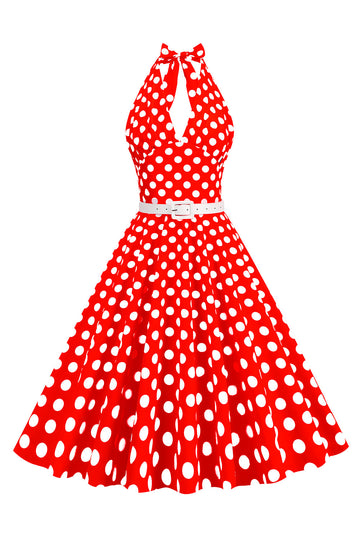 Hepburn Style Halter Neck Polka Dots Rød kjole fra 1950-tallet